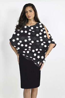 Frank Lyman 222301 Women's SL Floral Embossed Cape Dress/ BLACK- WHITE
