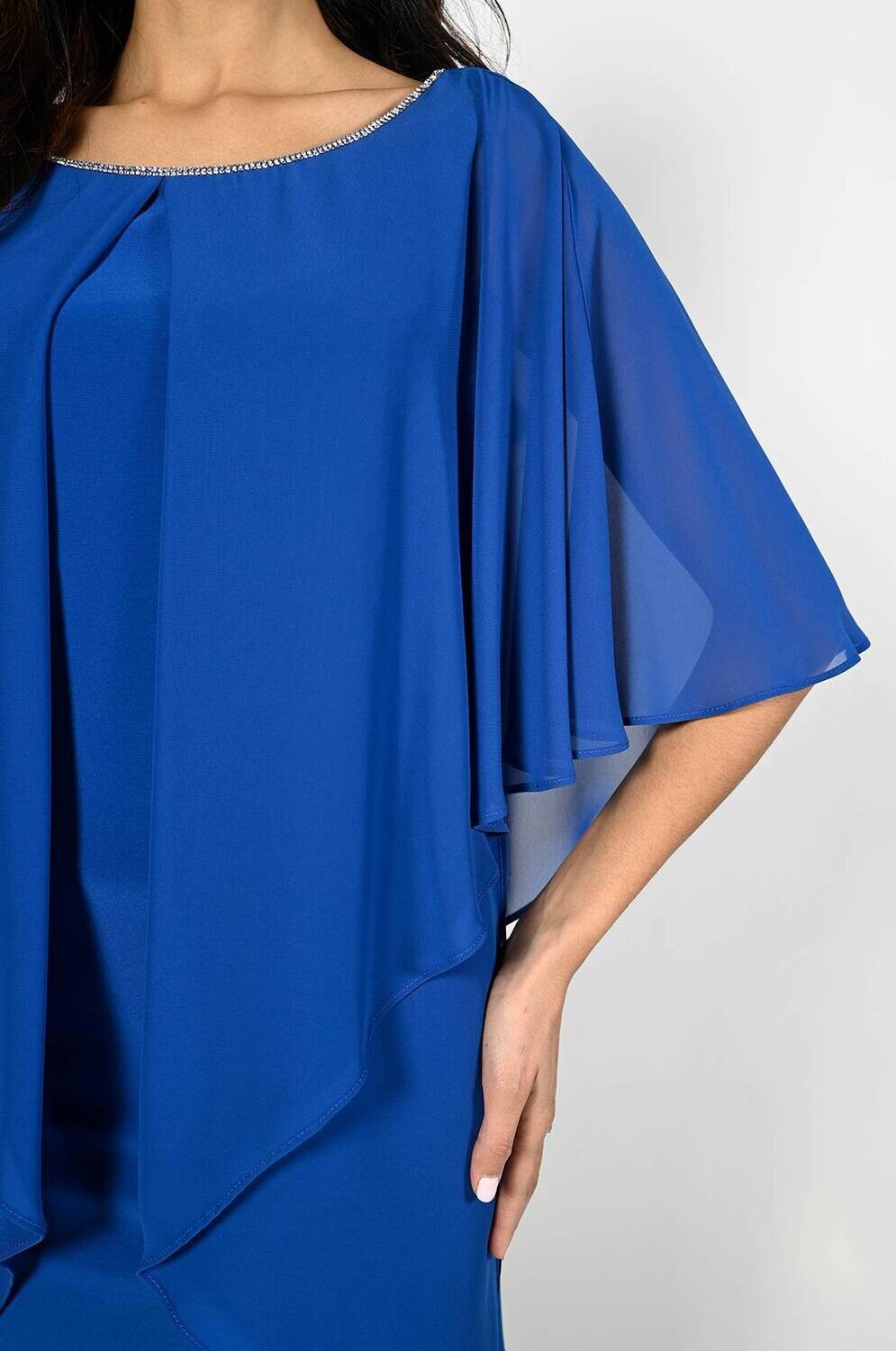Frank Lyman 229126 Women's Chiffon Angel Sleeve w/ Rhinestone Collar Dress – Blue