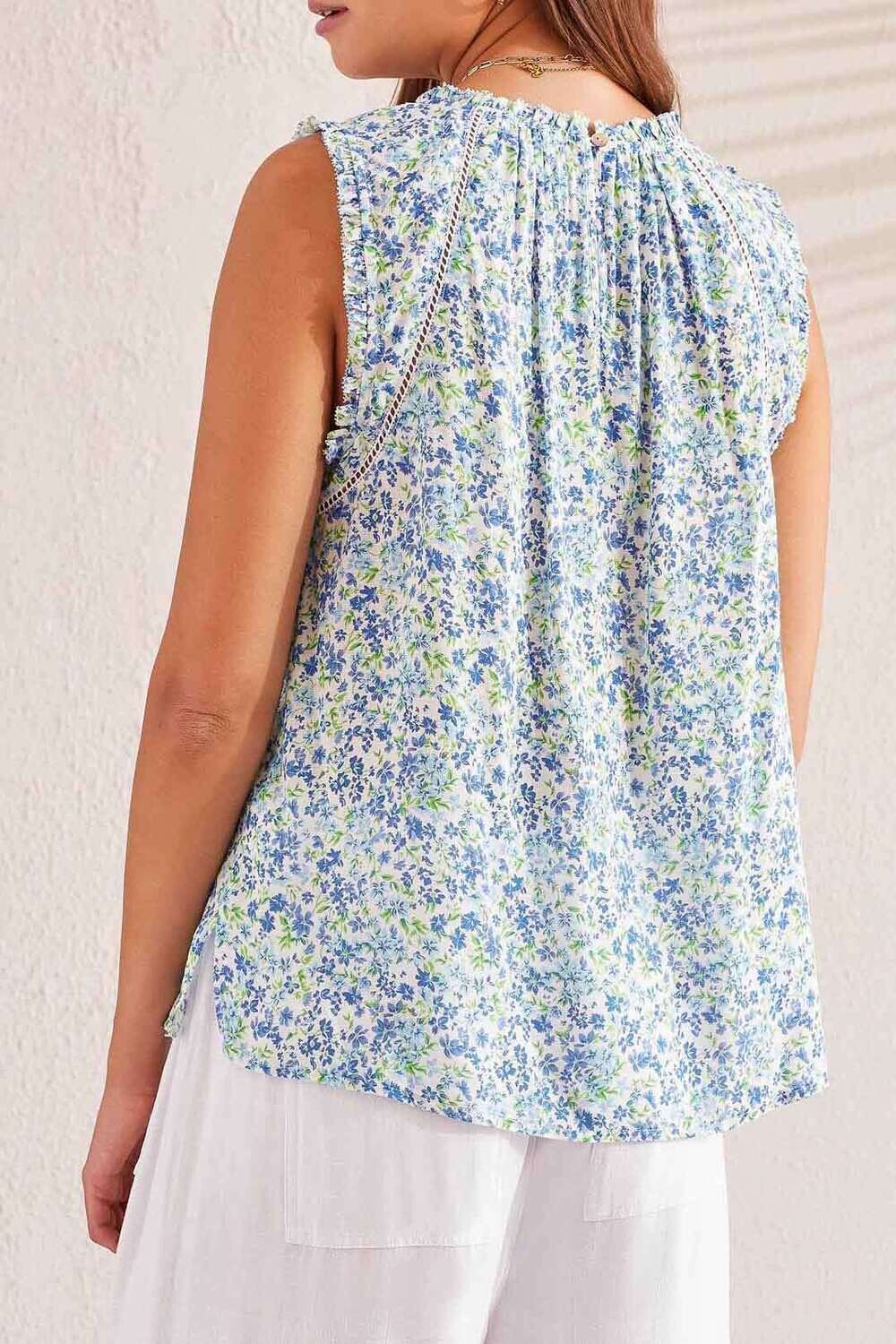 Tribal 5399O-4943-3059 Women's SL Trim Detail Floral Blouse – Azure Blue