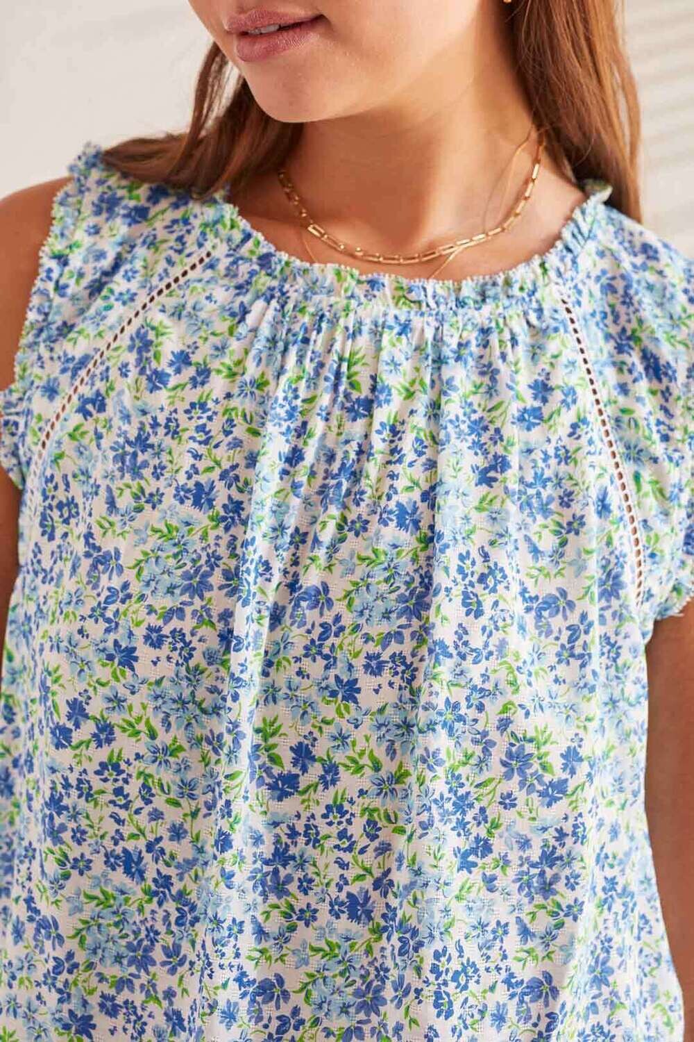 Tribal 5399O-4943-3059 Women's SL Trim Detail Floral Blouse – Azure Blue