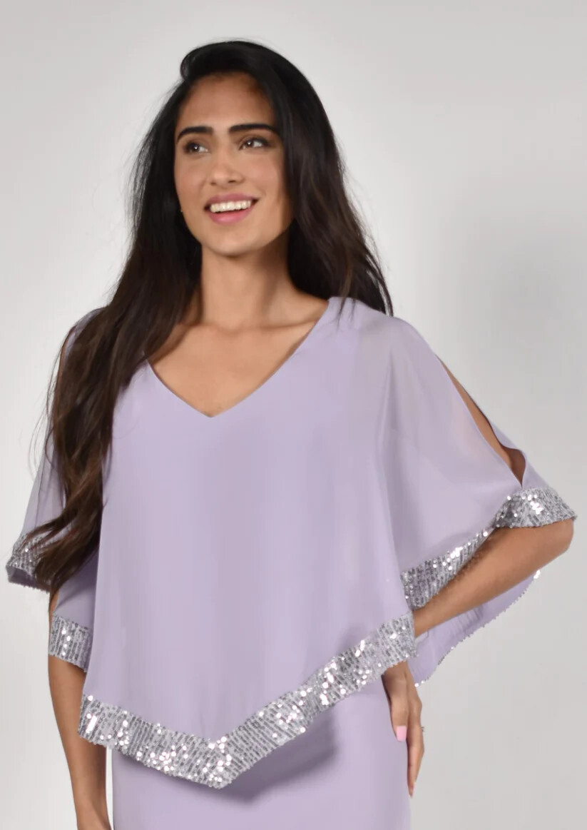 Frank Lyman 228244 Women’s SL Straight Dress w/ Chiffon Overlay & Sequin Hemline – Lavender- Silver