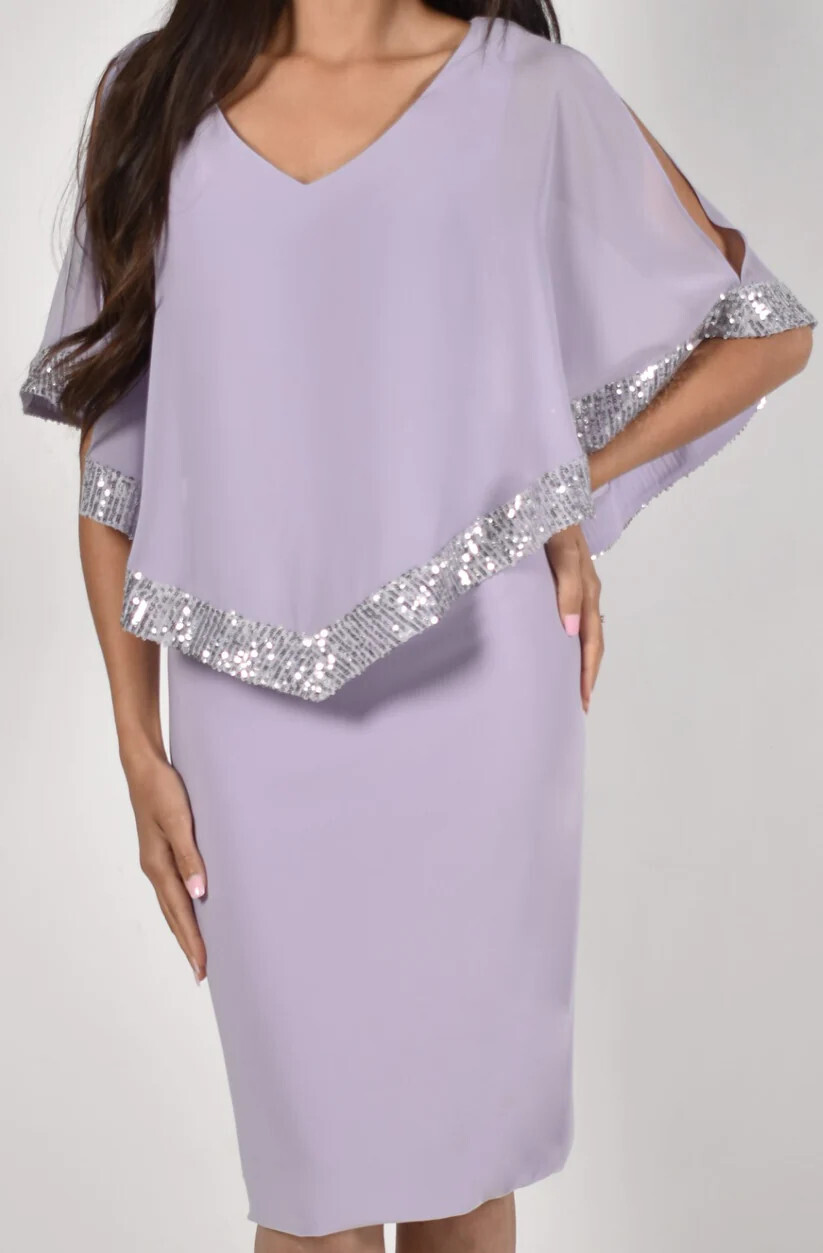 Frank Lyman 228244 Women’s SL Straight Dress w/ Chiffon Overlay & Sequin Hemline – Lavender- Silver