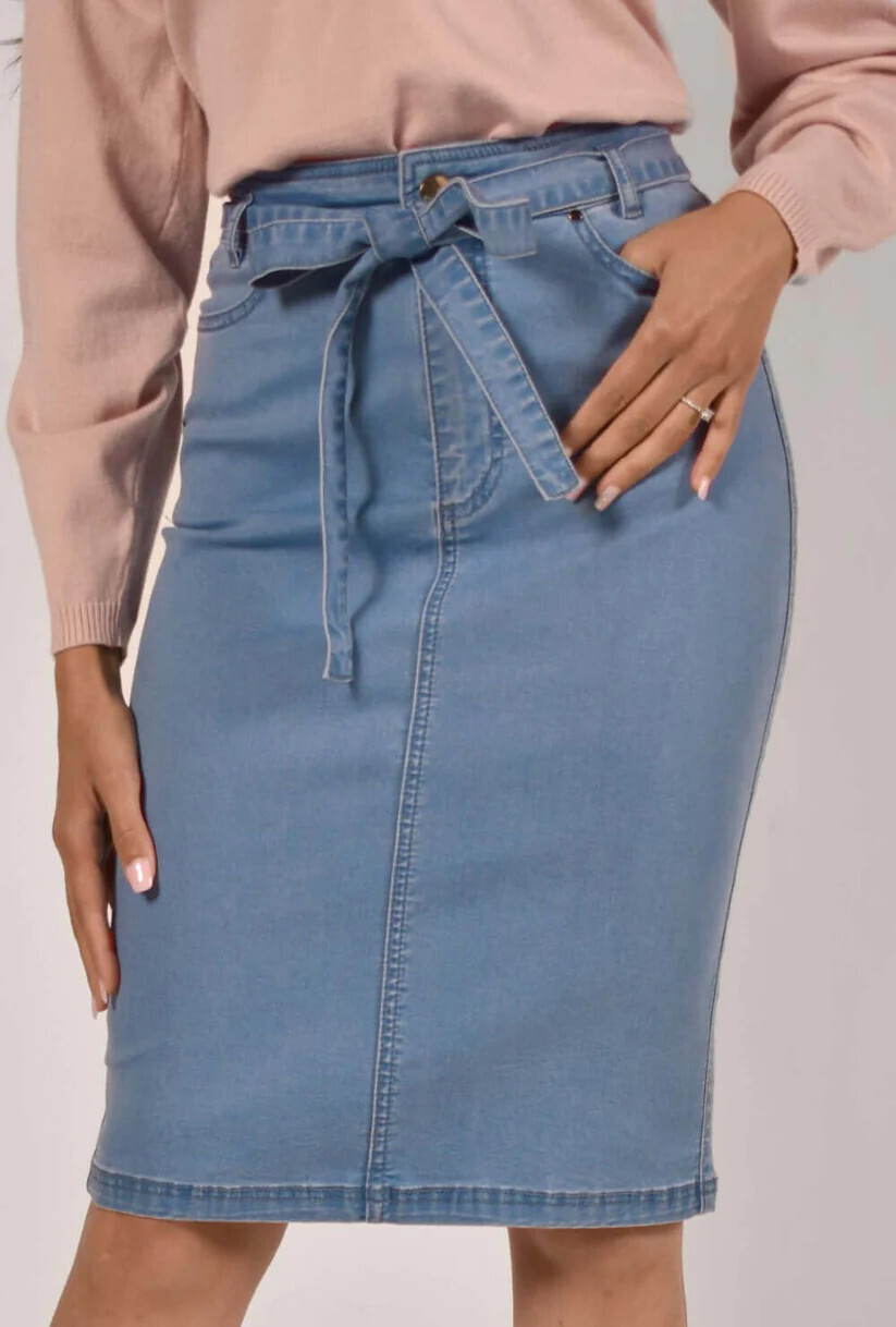 Frank Lyman 226162U Women's Denim Skirt w/ Tie Waist – Blue