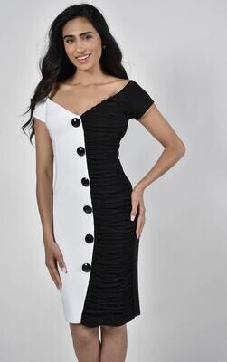 Frank Lyman 228015 Women's Cap Sleeve Fitted Dress w/ Buttons/ BLACK- OFF WHITE
