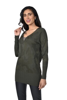 Frank Lyman 214170U Women’s Long Sleeve V-Neck Camouflage Sweater – Khaki
