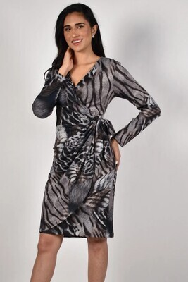 Frank Lyman 214302 Women’s LS V-Neck Animal Print Dress/ GREY- NAVY