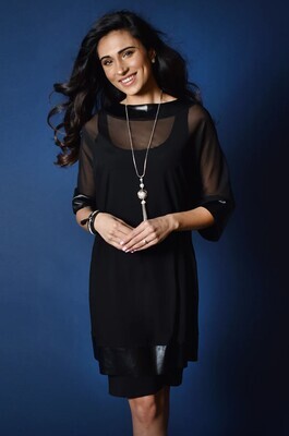 Frank Lyman 213435 Women’s 3/4 Sleeve Chiffon & Vegan Leather Detail Dress + Pearl Necklace – Black