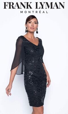 Frank Lyman 199371 Women’s SL Floral Sequin & Chiffon Cape Dress/ BLACK