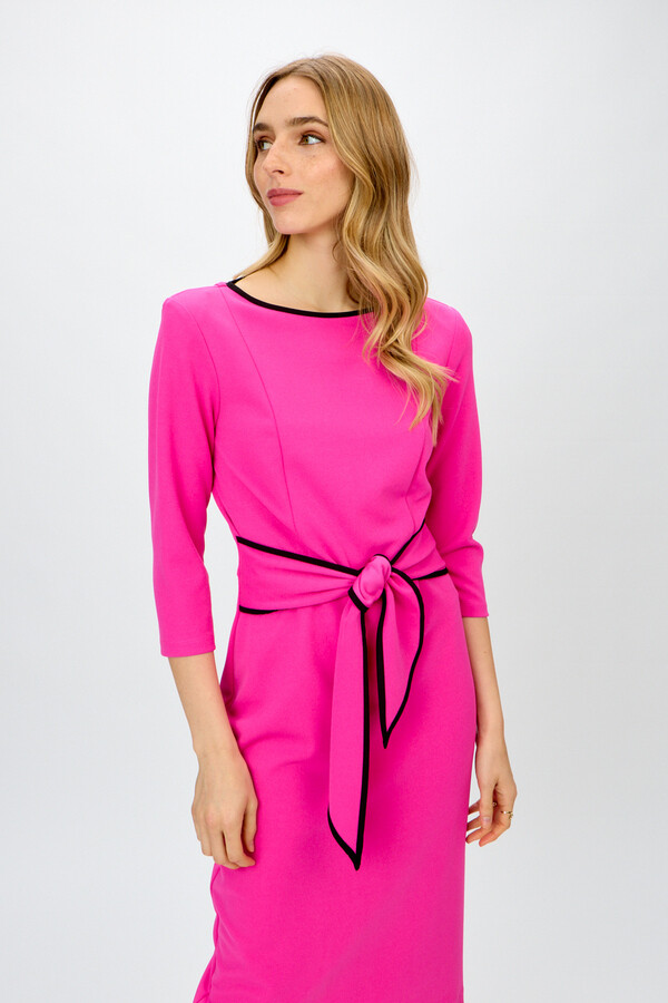 Joseph Ribkoff 221210S24 Women's 3/4 Sleeve Two-Tone Dress w/ Tied Belt – Ultra Pink- Black