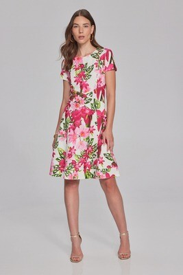 Joseph Ribkoff 241789 Women's Short Sleeve Floral Print Ruffle Hem Dress – Vanilla- Multi