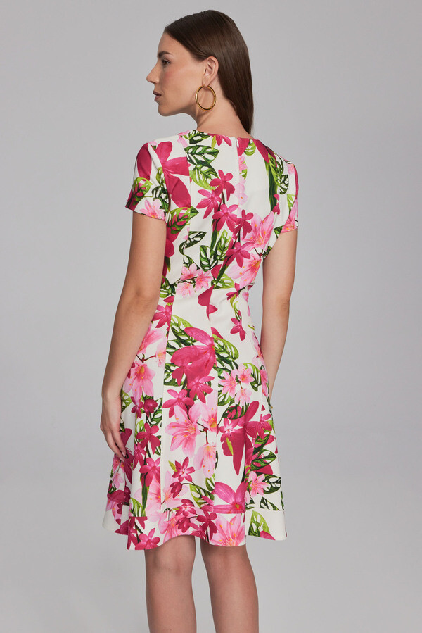 Joseph Ribkoff 241789 Women's Short Sleeve Floral Print Ruffle Hem Dress – Vanilla- Multi