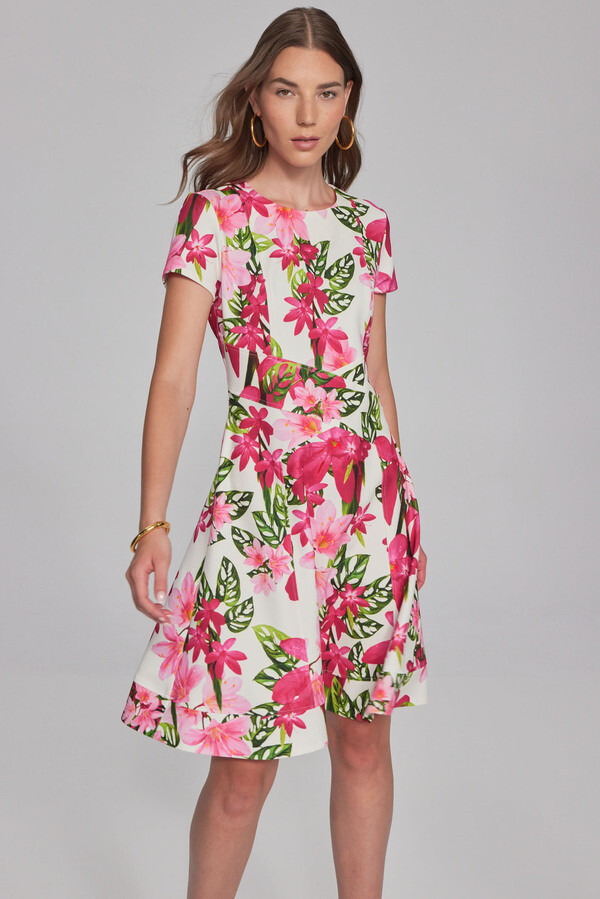 Joseph Ribkoff 241789 Women's Short Sleeve Floral Print Ruffle Hem Dress – Vanilla- Multi
