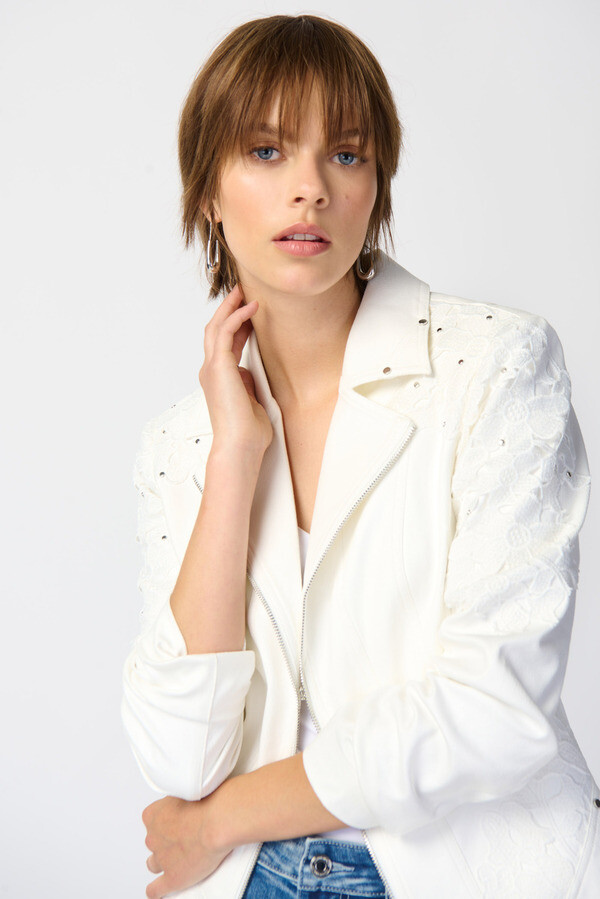 Joseph Ribkoff 241904 Women's Long Sleeve Studded & Lace Vegan Suede Jacket – Vanilla