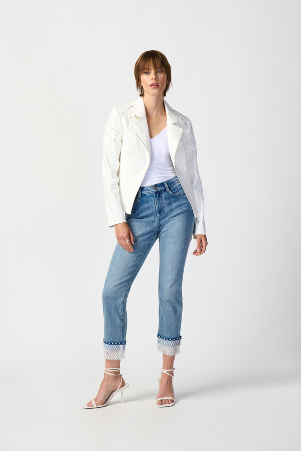 Joseph Ribkoff 241904 Women's Long Sleeve Studded & Lace Vegan Suede Jacket – Vanilla