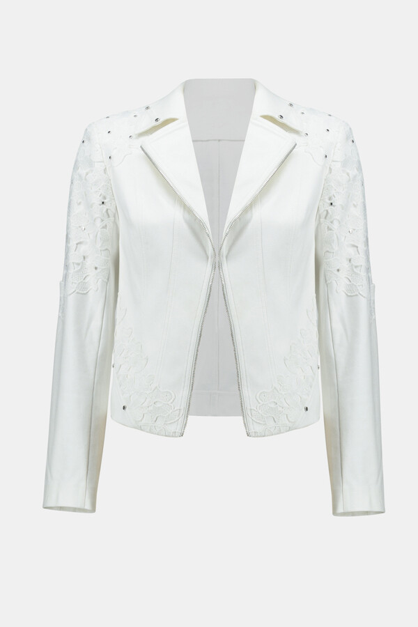 Joseph Ribkoff 241904 Women's Long Sleeve Studded & Lace Vegan Suede Jacket – Vanilla