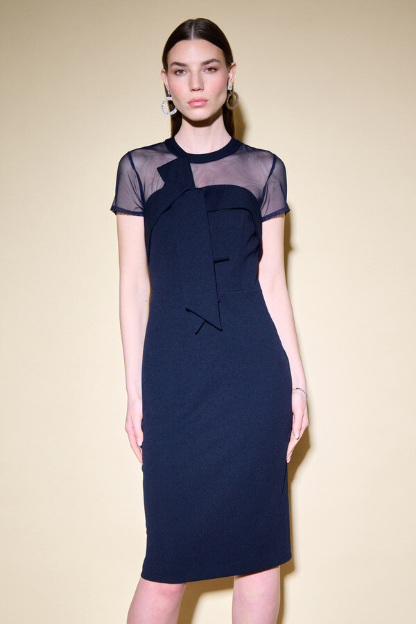 Joseph Ribkoff 234715 Women's Short Sleeve Bow Detail Mesh Dress – Midnight Blue