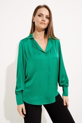 Joseph Ribkoff 233135 Women's Long Sleeve Notched Collar Satin Blouse – Kelly Green