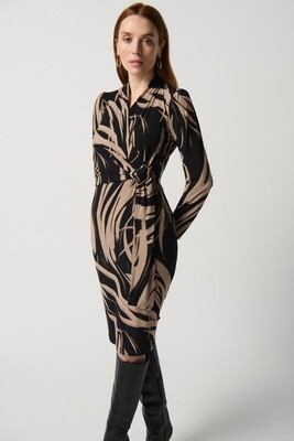 Joseph Ribkoff 234123 Women's Long Sleeve Abstract Print Sheath Dress w/ Side Buckle – Black- Latte