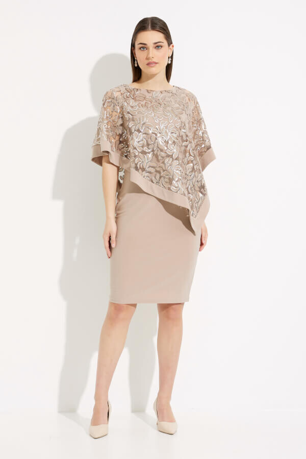 Joseph Ribkoff 233777 Women’s SL Lace & Sequin Detail Overlay Dress – Latte