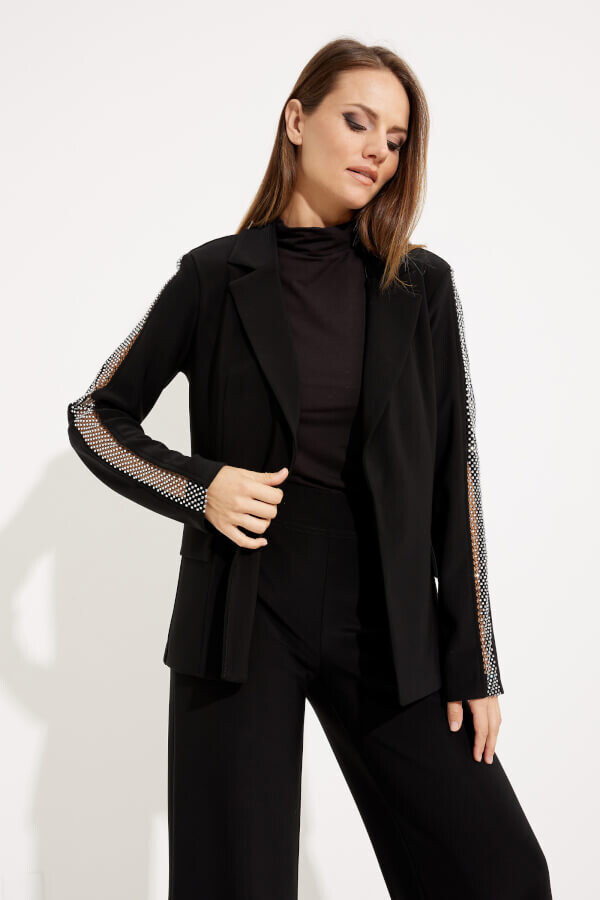 Joseph Ribkoff 233748 Women’s Rhinestones Mesh Sleeve Blazer – Black