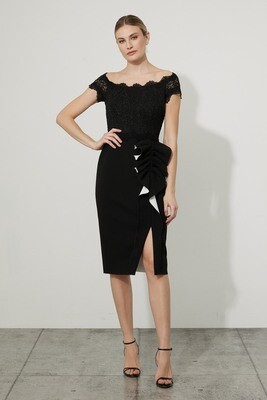 Joseph Ribkoff 223701 Women's Off-Shoulder Ruffle & Lace Dress – Black