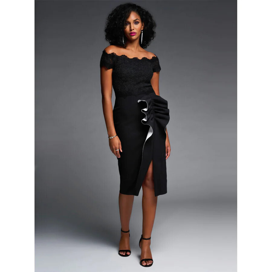 Joseph Ribkoff 223701 Women's Off-Shoulder Ruffle & Lace Dress – Black