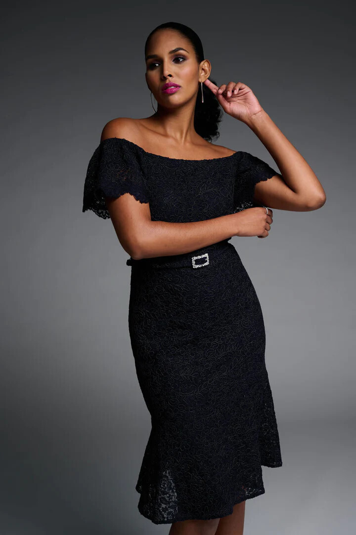 Joseph Ribkoff 223703 Women’s Off Shoulder Embroidered Dress – Midnight Blue