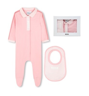 Hugo Boss J50829 Baby Girl's LS Footed Polo Onesie & Bib Set 2PC/ PINK