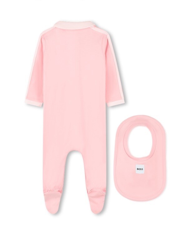 Hugo Boss J50829 Baby Girl's Long Sleeve Footed Polo Onesie & Bib Set 2PC – Pink