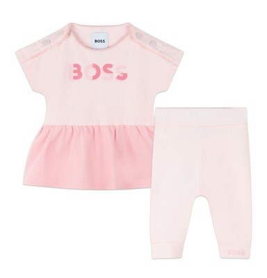 Hugo Boss J50826 Girl's Short Sleeve Logo Dress & Leggings Set 2PC – Pink