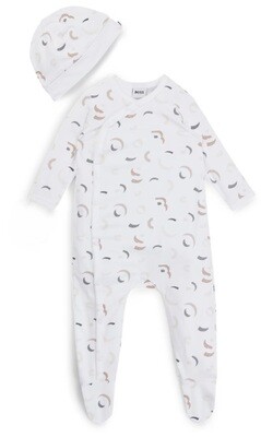 Hugo Boss J50791 Baby Boy's LS Footed Onesie & Hat Set 2PC/ WHITE- BROWN
