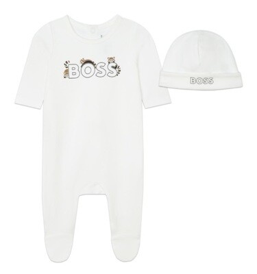 Hugo Boss J50831 Baby Boy's LS Footed Racoon Logo Onesie & Hat Set 2PC/ WHITE