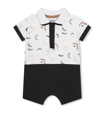 Hugo Boss J50789 Baby Boy's Short Sleeve Overall Polo Onesie – White- Brown