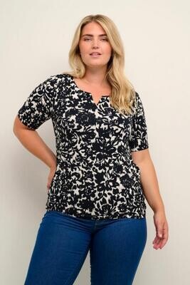Kaffe Curve 10581491 Women's Short Sleeve Ilise Floral Pattern Jersey Blouse – Black- White