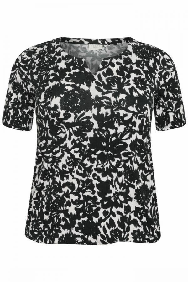 Kaffe Curve 10581491 Women's Short Sleeve Ilise Floral Pattern Jersey Blouse – Black- White