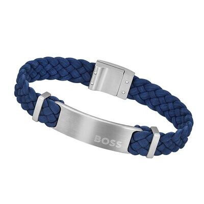 BOSS 1580609M Men's Navy Braided Leather & Silver Steel Bracelet