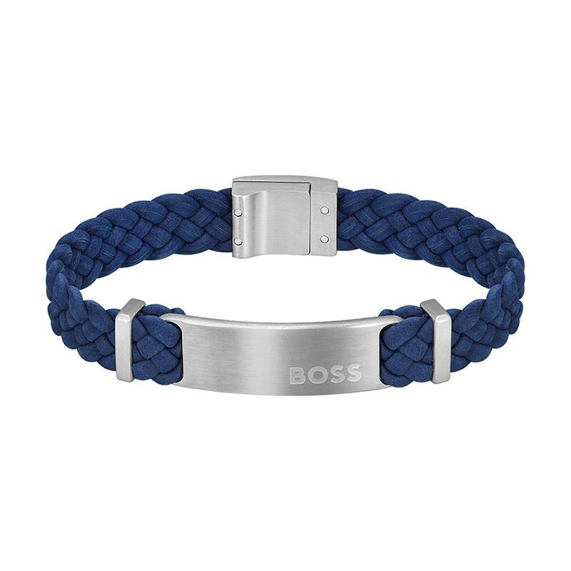 BOSS 1580609M Men's Navy Braided Leather & Silver Steel Bracelet