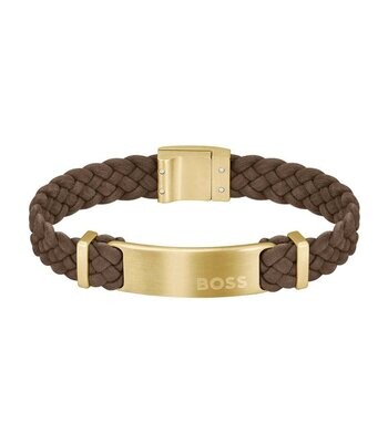 BOSS 1580607M Men's Brown Braided Leather & Gold IP Steel Bracelet