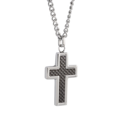 Italgem SC18 Men’s S. Steel Black Carbon Fiber Cross 22" Necklace