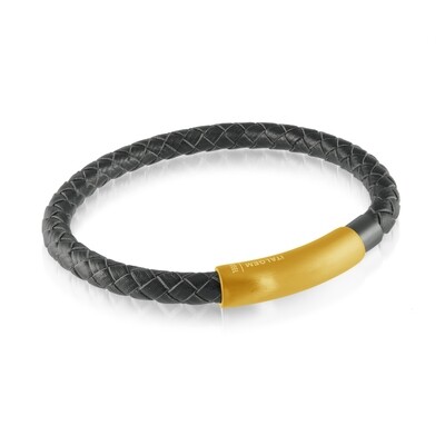 Italgem SLB562 Men's Gold IP S. Steel Matte Magnetic Clasp Black Leather Bracelet 8.25"