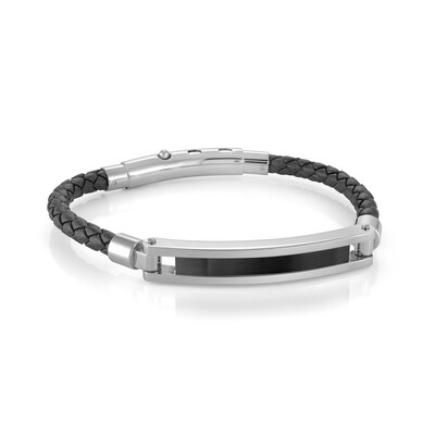 Italgem SLB490 Men's S. Steel Black IP Centre Black Leather Adjustable Bracelet