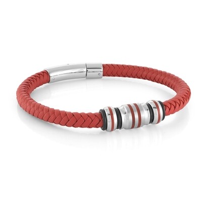 Italgem SLB528 Men's S. Steel Red IP Beads Red Leather Bracelet 8.25"