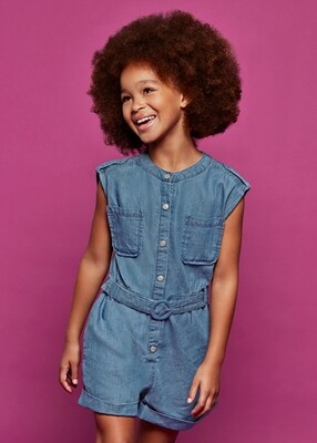 Mayoral 6858 girls denim sleeveless romper with matching denim belt/OSCURO