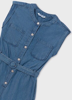 Mayoral 6858 girls denim sleeveless romper with matching denim belt/OSCURO