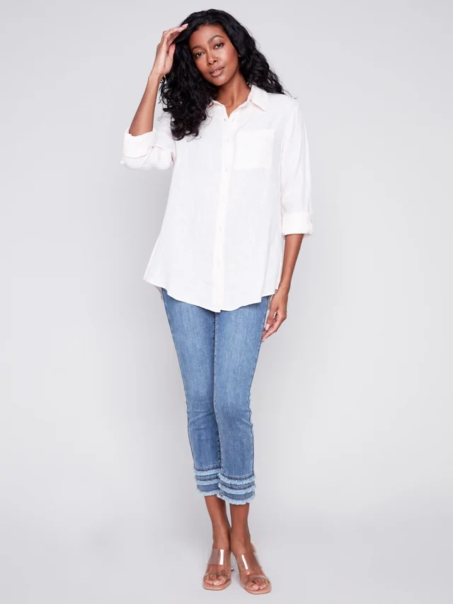 Charlie B C4542P/844C Women's Printed Button Front Linen Shirt