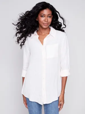 Charlie B C4542P/844C Women's Printed Button Front Linen Shirt
