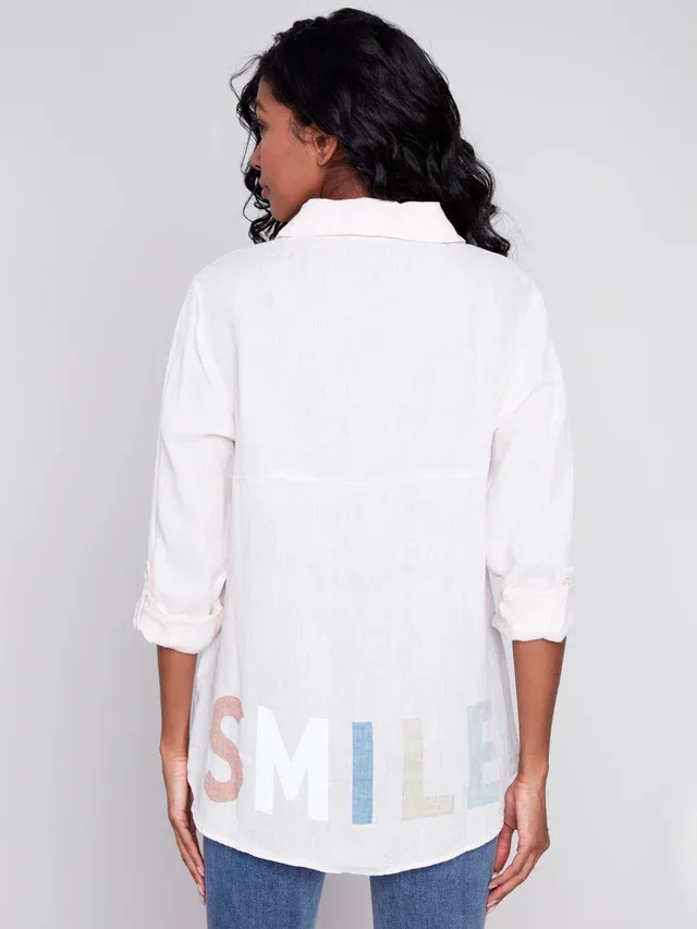 Charlie B C4542P/844C Women's Printed Button Front Linen Shirt