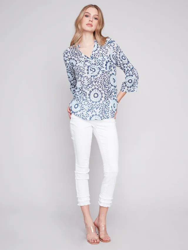 Charlie B C4188-884B Women's Printed Rayon Roll Up Sleeve Blouse
