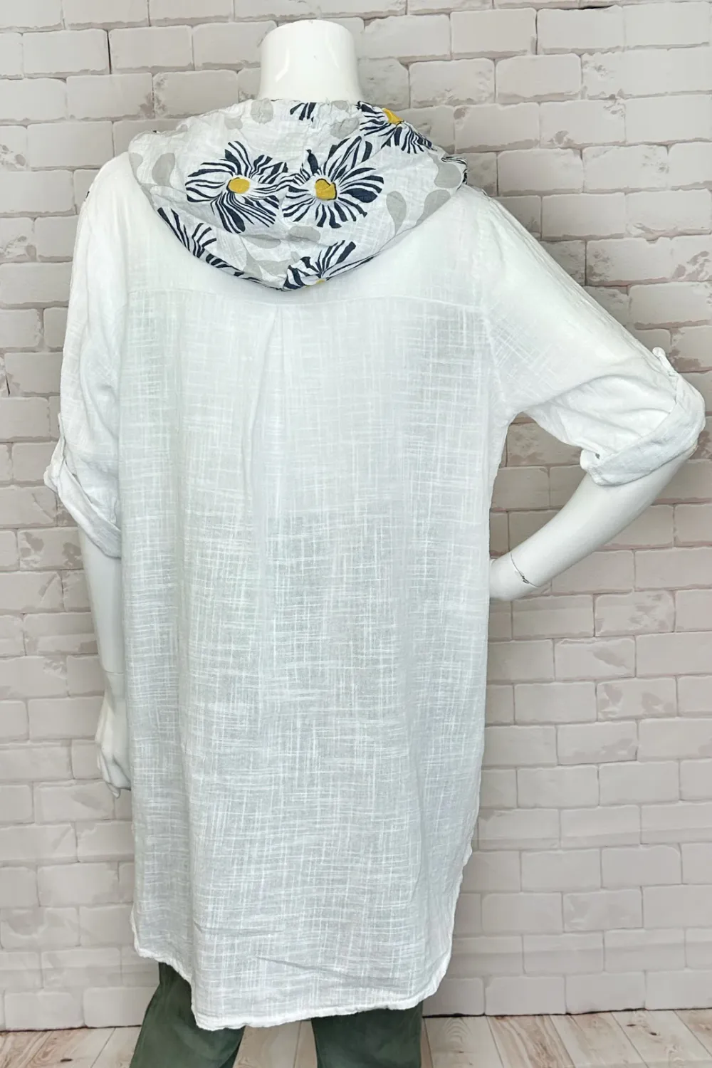 Cherishh C6148 Women's 3/4 Sleeve Hooded Linen Floral Top – White Os