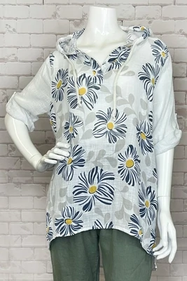Cherishh C6148 Women's 3/4 Sleeve Hooded Linen Floral Top – White Os